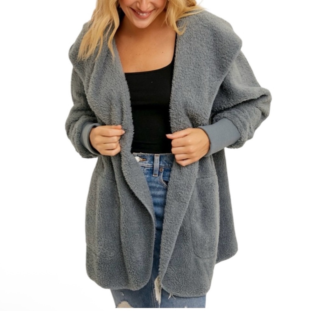 Hem & Thread Cozy Fleece Long Sleeve Hoodie Open One-Size Jacket, steel gray nwt
